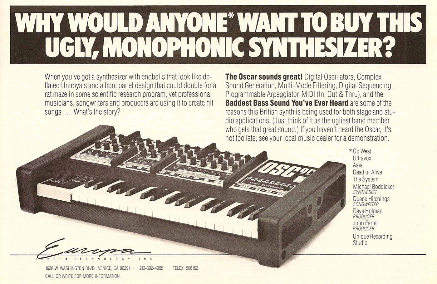 Oscar Synthesiser Press Advertisement